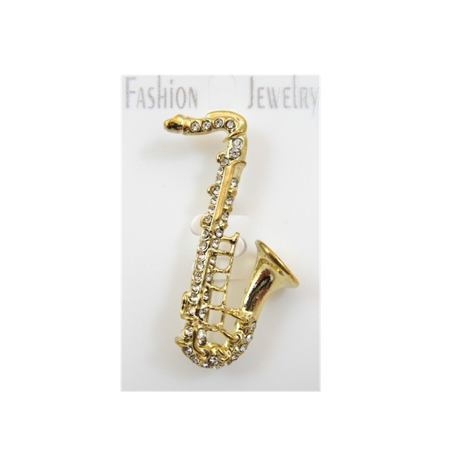 Sax Brooch Gold Clear Stone